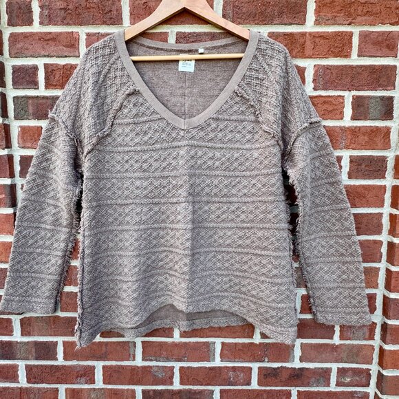 Dylan Chunky Vneck Sweater Large Brown Neutral Fisherman Coastal Grandma - Picture 2 of 9